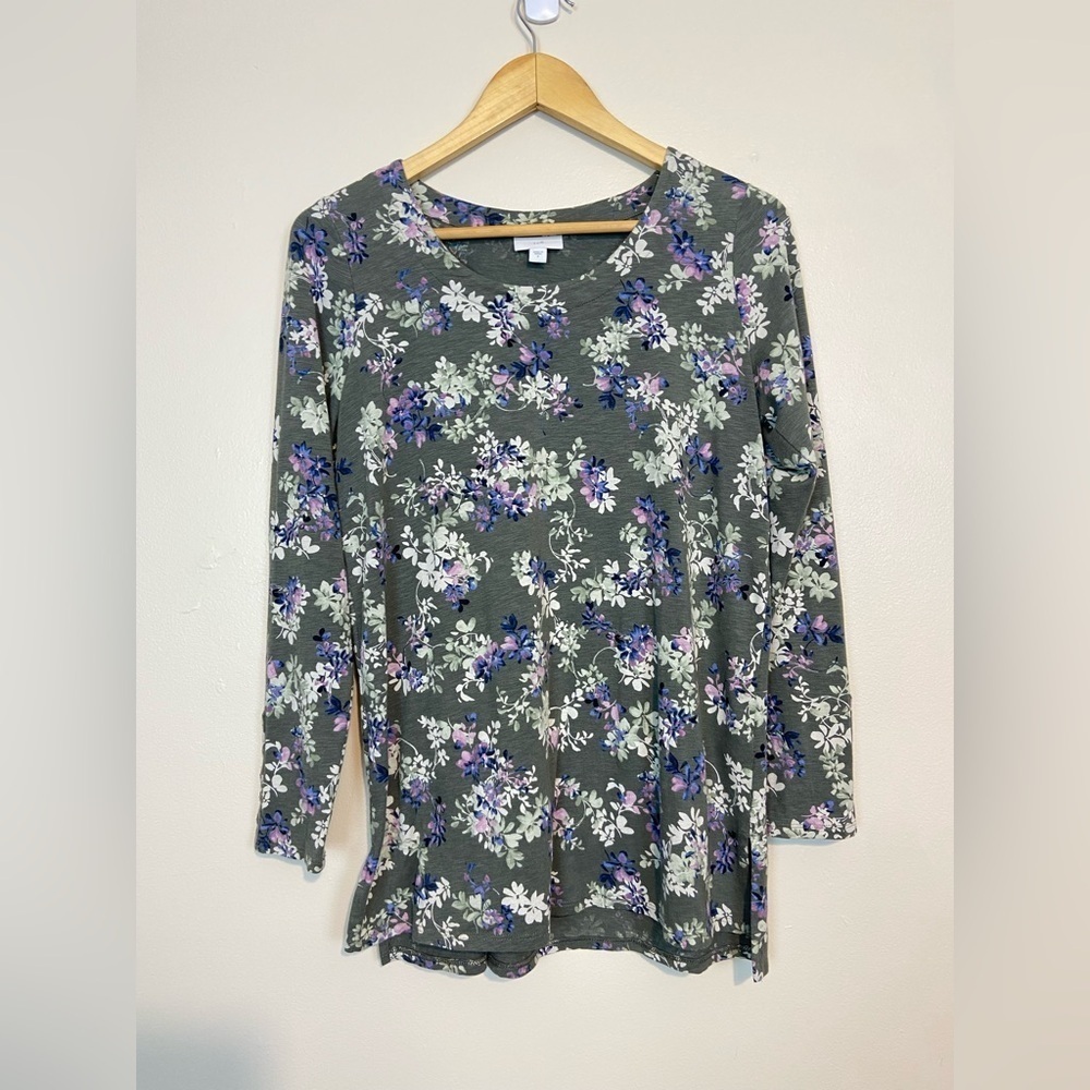 J.Jill Floral Gray/Green Basic Tunic Long Sleeve Cotton Modal Blend Top Small